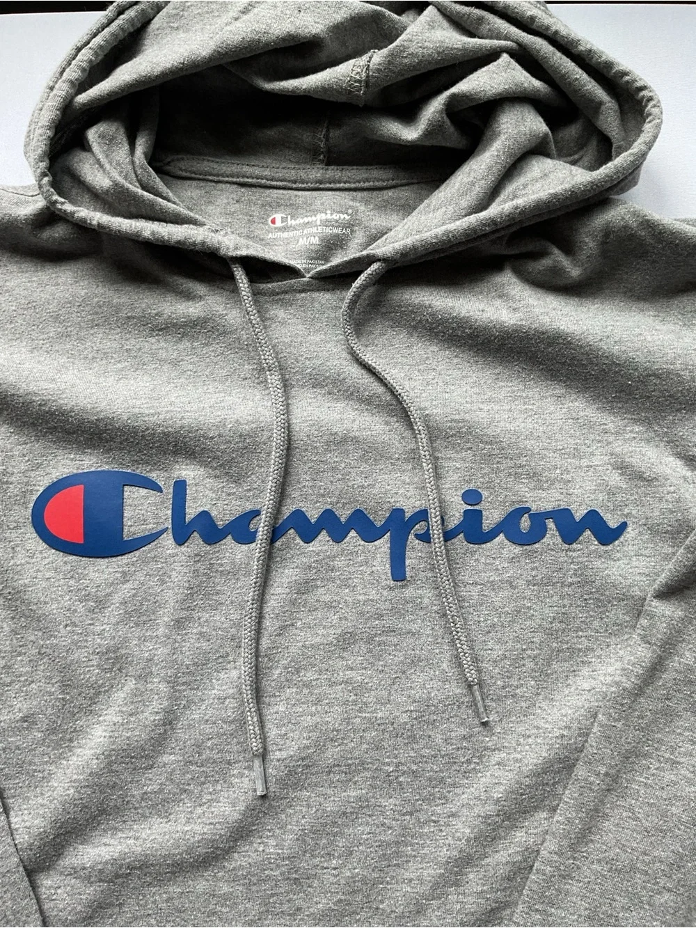 Champion Gray Lightweight Hoodie with Blue Script and Red Accent